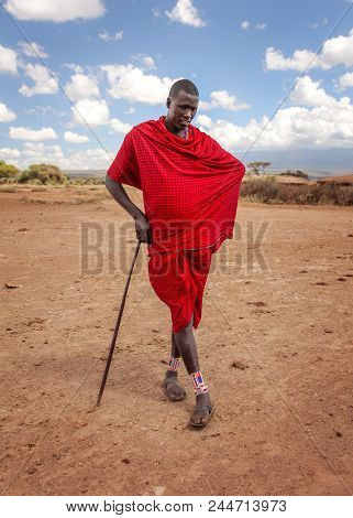 Unknown Village Near Amboselli Park, Kenya - April 02, 2015: Unknown Masai Warrior Posing For Touris