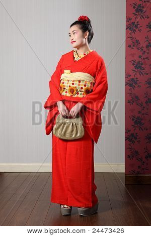 Kırmızı Japon kimono güzel oryantal kadın