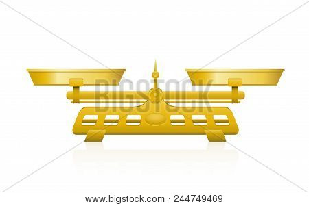 Golden Weighing Scale With Two Perfectly Balanced Pans And A Pointer In The Middle. 3d Illustration 