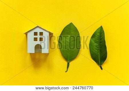 Miniature Toy Model House With Green Leaves On Yellow Colourful Trendy Backgdrop. Eco Village, Abstr