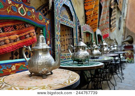 Decorative Elements On The Souk (market) In The Old Town, Medina In Morocco. Jug For Brewing The Tea