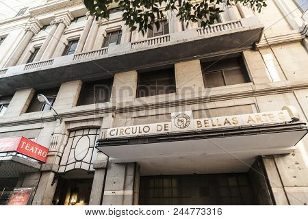 Madrid,spain-july 21,2015: Detail Facade Entrance To Cultural Organization, Circulo De Bellas Artes,