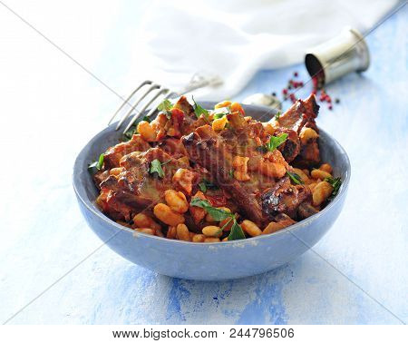 Spicy Bean And Pork Ribs Stew With Tomato Sauce.