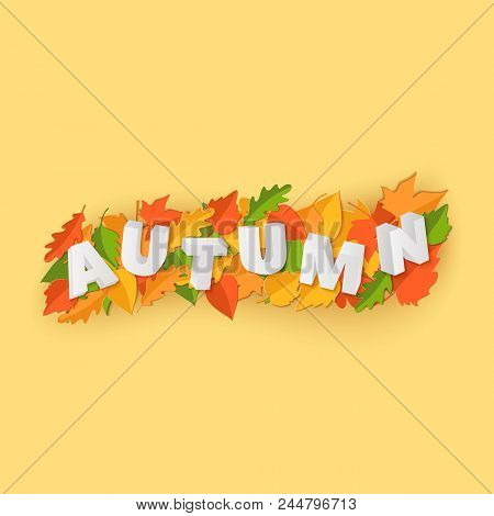 Word Autumn Composition With Green Yellow Red Leaves On Yellow Background In Paper Cut Style. Fall C