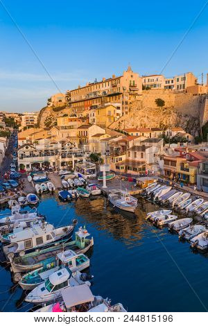 Marseille, France - August 03, 2017: Fishing boats in harbor Vallon des Auffes.