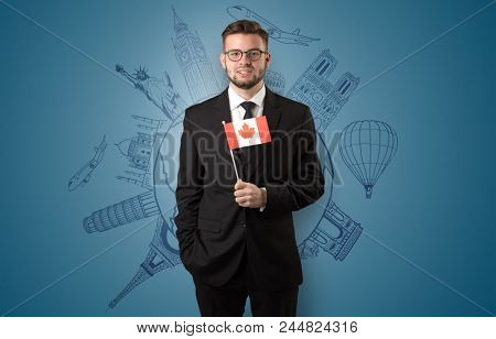 Elegant man with sightseeing concept on the background  and flag on his hand