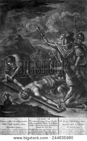 BLATO, CROATIA - MARCH 22: 11th Stations of the Cross, Crucifixion: Jesus is nailed to the cross, Church of All Saints in Blato, Korcula island, Croatia, on March 22, 2017.