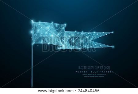 Vector Flag. Abstract Wire Low Flag Illustration On Dark Blue Background With Stars And Dots. Freedo