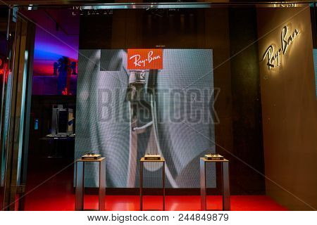 MILAN, ITALY - CIRCA NOVEMBER, 2017: display window at Ray-Ban shop in Milan. Ray-Ban is a brand of sunglasses and eyeglasses.
