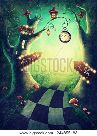 Enchanted wood with a clock and signs