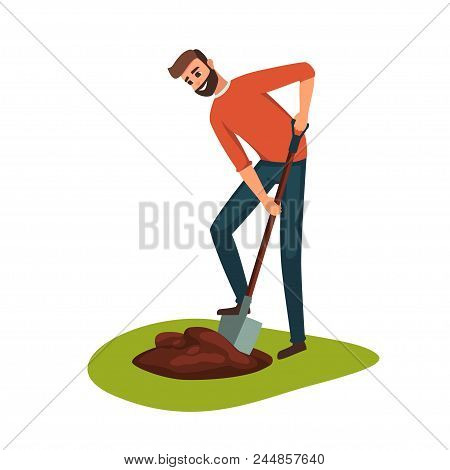 Man Digging Hole On The Ground. Close Up Of Boy Shoveling Dirt Out Of A Hole. Man Planting Tree In B