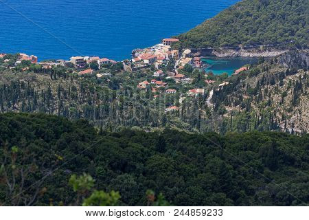 Assos, Kefalonia, Greece - May 25, 2015: Panorama Of Assos Village And Beautiful Sea Bay, Kefalonia,