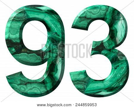 Arabic Numeral 93, Ninety Three, From Natural Green Malachite, Isolated On White Background