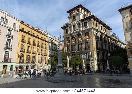 Madrid, Spain - January 23, 2018: Old Building At Ramales Square (plaza Ramales) In City Of Madrid, 