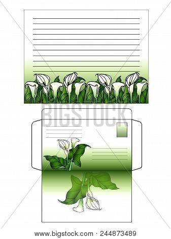 A Set For Writing A Letter. Decorated With Flowers Horizontal Sheet Of Paper And Envelope. Green Gra