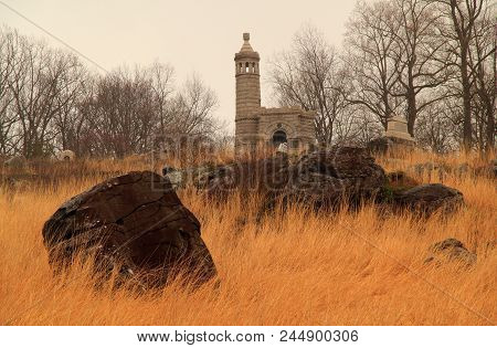 Gettysburg, Pa - April 15: The 12th & 44th New York Volunteers Monument At Little Round Top Is One O