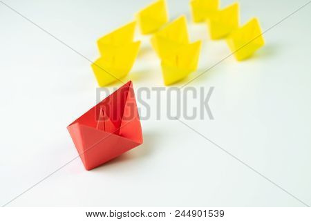 Big Red Paper Ship Origami Lead In Front Of Others Followers Small Yellow Fleet, Leadership, Influen