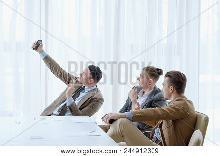 Selfie Time. Social Network Addiction. Life Oversharing Lifestyle. Business Men Taking Photos Of The