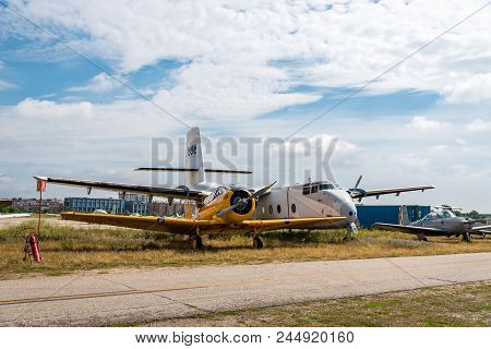 Madrid, Spain - June 3, 2018:  North American T-6 Texan Dun From 1938 Aircraft During Air Show Of Hi