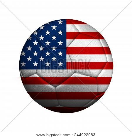 The Flag Of America Is Depicted On A Soccer Ball, The Ball Is Close Up Isolated On A White Backgroun