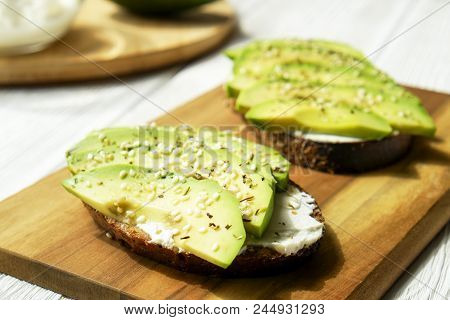 Healthy Nutritious Vegan Snack Full Of Protein & Complex Carbs. Avocado Toast Sandwich With Sesame S