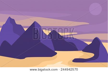 Beautiful Natural Landscape, Scene Of Nature With Mountains In The Evening Vector Illustration, Desi