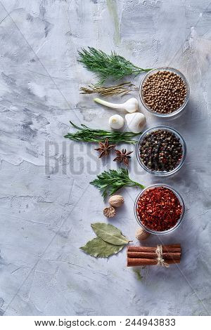 Three Glass Bowls With Spices Arranged In Rows On White Textured Background, View From Above, Select