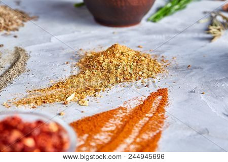 Assortment Of Ground Powder Spices On White Background, Top-view, Close-up, Macro, Shallow Depth Of 