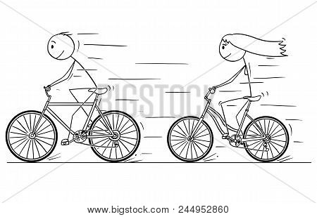 Cartoon Stick Drawing Illustration Of Man And Woman Or Girl And Boy Riding Or Cycling On Bicycle.