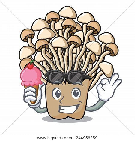 With Ice Cream Enoki Mushroom Character Cartoon Vector Illustration