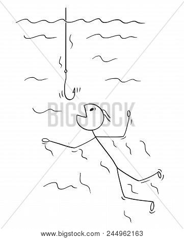 Cartoon Stick Drawing Conceptual Illustration Of Man Or Businessman Swimming To Be Catch On Empty Fi