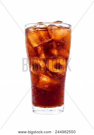 Drink Cola With Ice In Glass Isolated On White Background