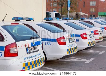 Brno, Czech Republic - April, 2018: Municipal Police Cars Skoda Parked In A Row In Brno, Moravia, Cz