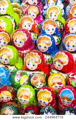 Baku, Azerbayjan - May 23, 2017 - Traditional Russian Matryoshkas Nesting Dolls On Display In A Souv