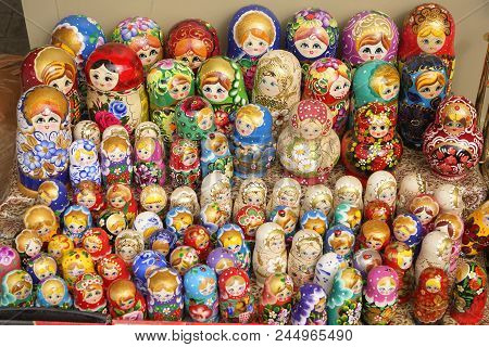 Baku, Azerbayjan - May 23, 2017 - Traditional Russian Matryoshkas Nesting Dolls On Display In A Souv