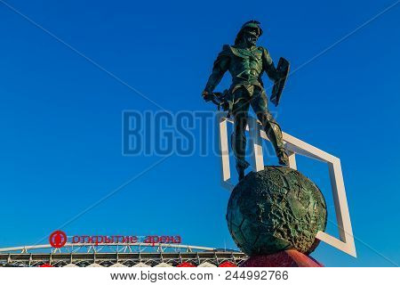 Moscow, Russia - May 23, 2018: 25 Meter Gladiator Mascot Monument Near Entry Of Spartak Stadium Whic