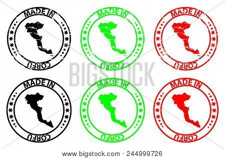 Made In Corfu - Rubber Stamp - Vector, Corfu(kerkyra) Map Pattern - Black, Green And Red