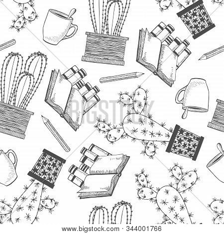 Seamless Pattern With Cacti And Objects In Vector