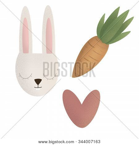 Easter Set. Bunny, Carrot And Heart. Elements For Your Spring Design Projects.