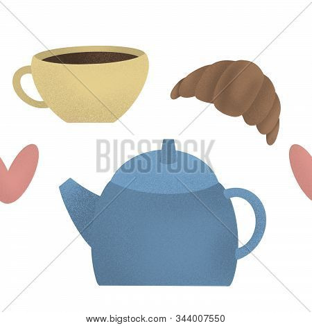 Seamless Pattern. Cup Of Tea, Criossant And Teapot. Teatime Concept. Morning Breakfast Time.