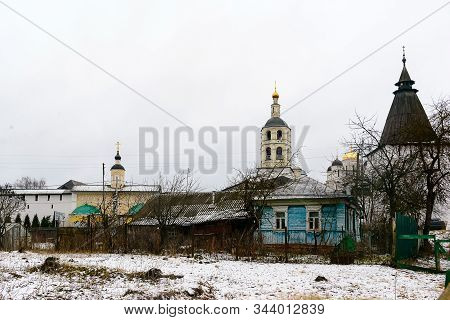 Russia, Borovsk, January 02, 2020: St. Pafnutiev Borovsky Monastery, A Territory With Churches, A Sh