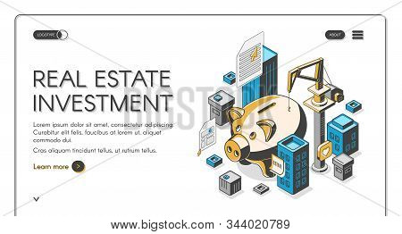 Real Estate Investment Isometric Landing Page, Huge Piggy Bank Surrounded With Skyscrapers And Build