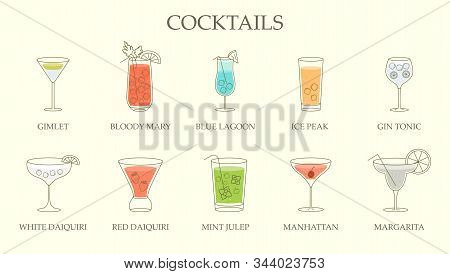 Set Of Line Drawings Of Different Cocktails In Assorted Shaped Glasses With Explanatory Text Below O