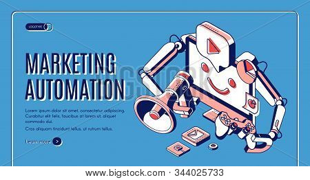 Marketing Automation Isometric Web Banner. Technology For Seo, Internet, Digital Business Content. C