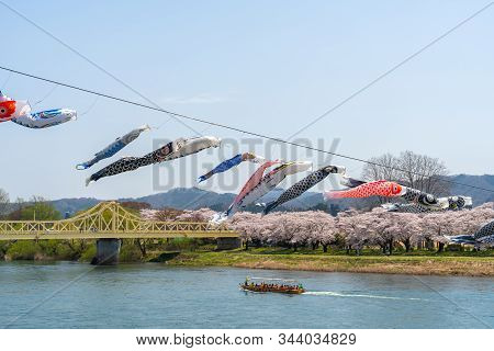 Kitakami, Iwate Prefecture, Japan - April 23 2019 : Sightseeing Boats On The Kitakami River. Tenshoc