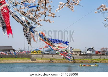 Kitakami, Iwate Prefecture, Japan - April 23 2019 : Sightseeing Boats On The Kitakami River. Tenshoc