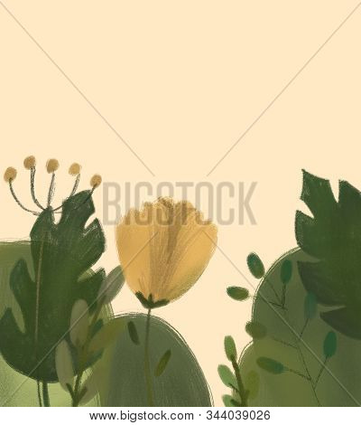 Flowers And Plants. Magical Forest. Spring Postcard. Painted Leaves, Grass On Yellow Background. Cal
