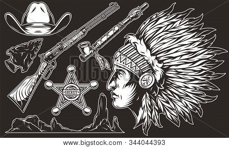 Monochrome Wild West Vintage Elements Composition With Indian Chief Head Tribal Smoking Pipe Rifle C