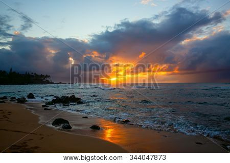 North Shore Of Oahu, Hawaii, At Sunset