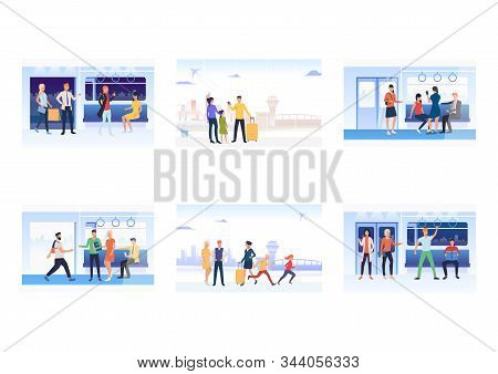 Set Of Commuters In Subway Train. Flat Vector Illustrations Of Passengers With Smartphones, Waiting 